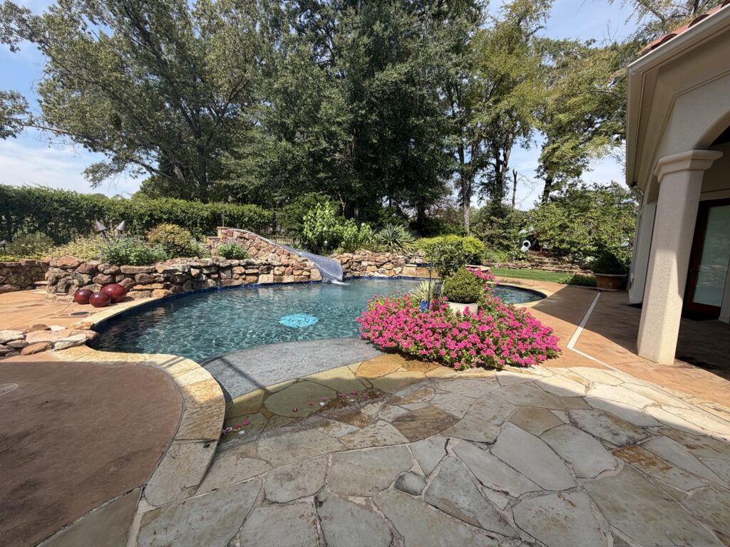 Clear backyard swimming pool with a stone slide, shallow entry and pink flowers.